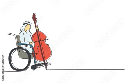 Single one line drawing young Arab man sitting in wheelchair plays cello in concert. Disability and classical music. Physically disabled. Person in hospital. Continuous line draw design graphic vector
