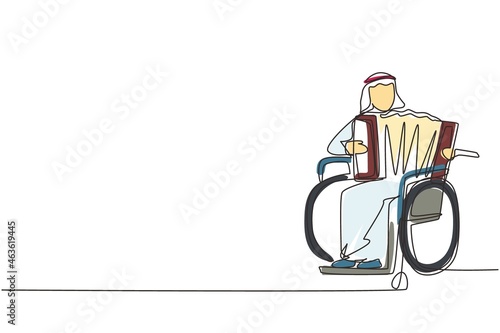 Single continuous line drawing disabled Arab man in wheelchair playing accordion music. Physically disabled. Person in hospital. Rehabilitation center patient. One line draw design vector illustration