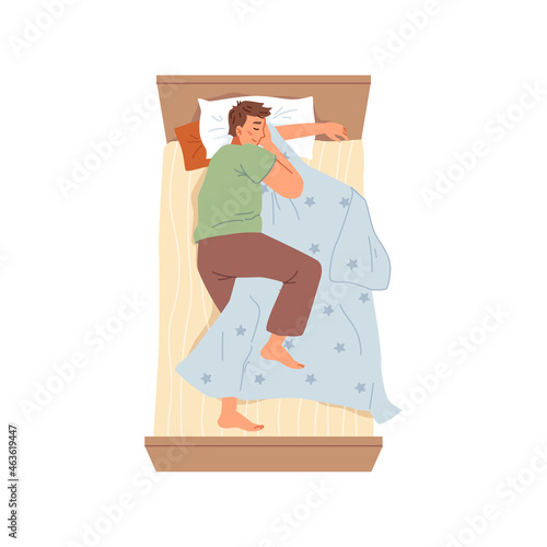 Young man sleeping in bed at home, bedtime and relaxation at night. Vector cosy bedding, flat cartoon character sleep on pillow under blanket, adult guy rest alone in bedroom, male fall asleep