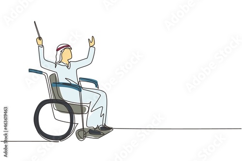 Continuous one line drawing young Arab man conductor sitting in wheelchair leading orchestra. Disability and classical music. Physically disabled. Single line draw design vector graphic illustration