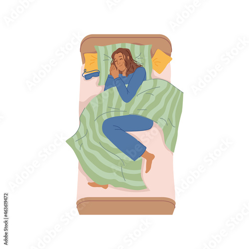 Young woman sleeping in bed at home, relaxation at night or day rest. Vector lady in pajama resting at bedtime, flat cartoon character sleeps on pillow under blanket, alone in bedroom, fall asleep