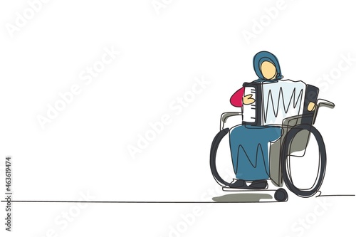 Single continuous line drawing disabled Arabian woman in wheelchair playing accordion music. Physically disabled. Person in hospital. Rehabilitation center patient. One line draw graphic design vector