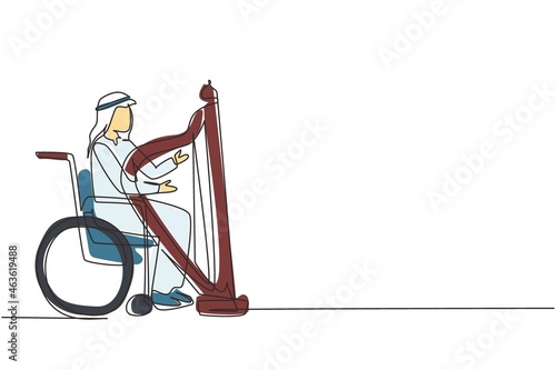 Continuous one line drawing young Arab man sitting in wheelchair plays harp in concert. Disability and classical music. Physically disabled. Person in hospital. Single line draw design vector graphic