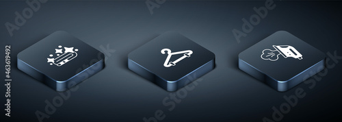 Set Isometric Towel stack, Electric iron and Hanger wardrobe icon. Vector
