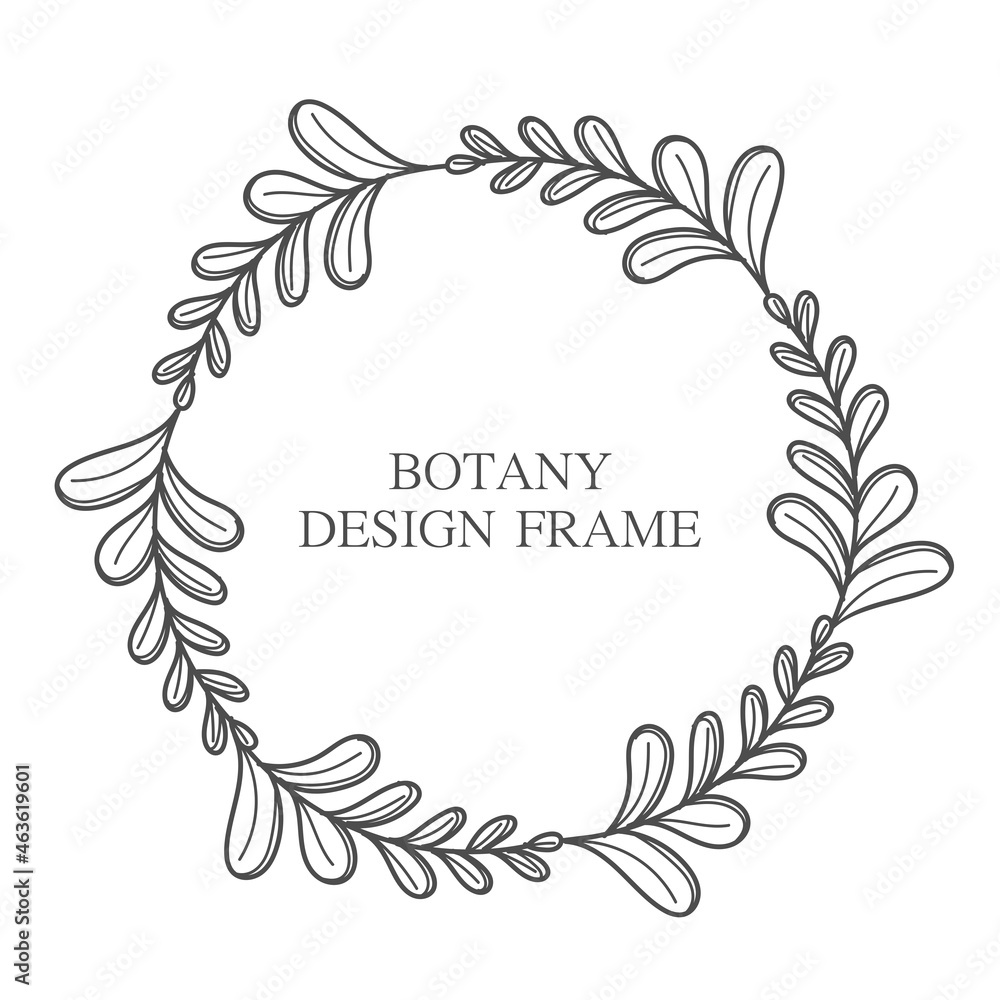 Geometric flower wreath with leaves and branches. Botany round frame isolated on white background. For wedding invitations, postcards, posters, labels of cosmetics and perfumes. Geometric flower wreath with leaves and branches. Botany round frame isolated on white background. For wedding invitations, postcards, posters, labels of cosmetics and perfumes.