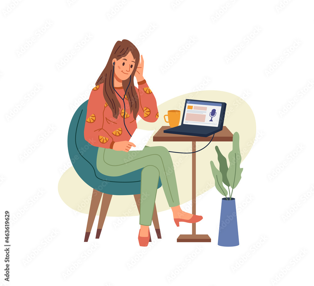 Working or studying at home or office, woman sitting on chair and listening podcast on laptop. Vector flat cartoon girl in headphones with notebook, listen to music, studying or video calling Working or studying at home or office, woman sitting on chair and listening podcast on laptop. Vector flat cartoon girl in headphones with notebook, listen to music, studying or video calling