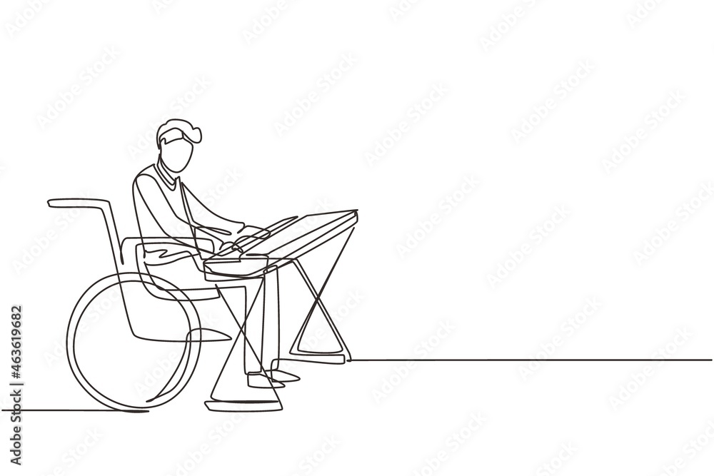 Single continuous line drawing handsome male keyboardist sit wheelchair playing electric keyboard, sing song. Physically disabled. Rehabilitation center. One line draw design vector illustration