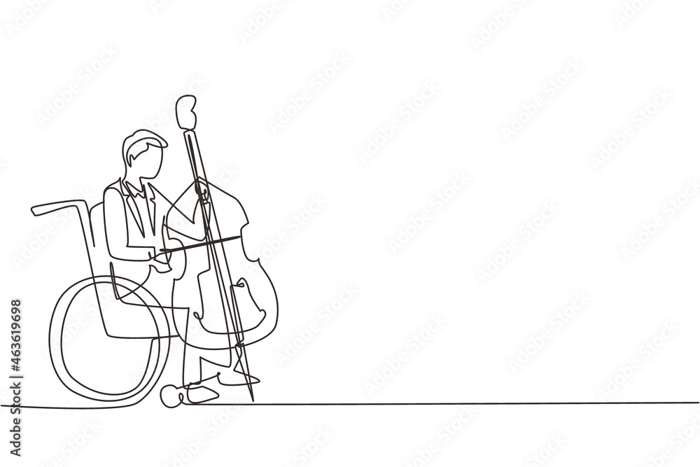 Continuous one line drawing young handsome man sitting in wheelchair plays cello in concert. Disability and classical music. Physically disabled. Person in hospital. Single line draw design vector Continuous one line drawing young handsome man sitting in wheelchair plays cello in concert. Disability and classical music. Physically disabled. Person in hospital. Single line draw design vector