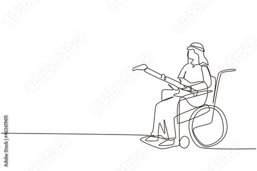 Single one line drawing Arab male sit wheelchair playing electric guitar, sing song. Physically disabled. Person in hospital room ward. Modern continuous line draw design graphic vector illustration