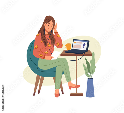 Working or studying at home or office, woman sitting on chair and listening podcast on laptop. Vector flat cartoon girl in headphones with notebook, listen to music, studying or video calling