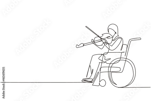 Continuous one line drawing disability and music. Arab woman in wheelchair plays violin. Physically disabled. Person in hospital. Rehabilitation center patient. Single line draw design vector graphic