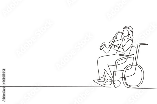 Single one line drawing Arab man sitting in wheelchair plays saxophone. Disability, classical music. Physically disabled. Rehabilitation center. Continuous line draw design graphic vector illustration