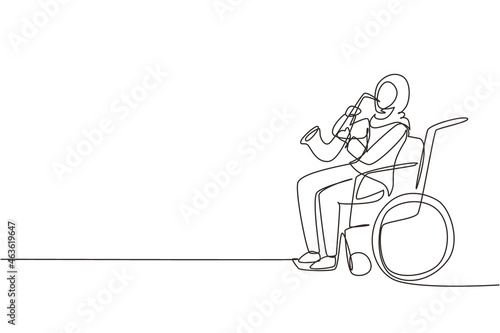 Single one line drawing Arab woman sitting in wheelchair plays saxophone. Disability, classical music. Physically disabled. Person in hospital. Continuous line draw design graphic vector illustration