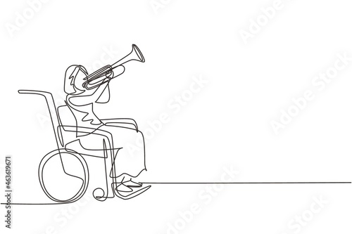 Single one line drawing beautiful female in wheelchair playing trumpet during music lesson. Physically disabled. Person in hospital. Rehabilitation center patient. Continuous line design vector