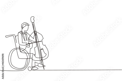 Continuous one line drawing young handsome man sitting in wheelchair plays cello in concert. Disability and classical music. Physically disabled. Person in hospital. Single line draw design vector