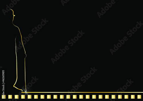 Golden line the silhouette man on black background. Abstract male in bowler hat with cane. Cinema symbol. Vector illustration