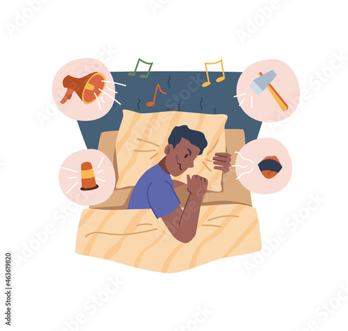 Insomnia and sleep problems of man, angry and annoyed personage laying in bed thinking of different sources of noise from everywhere. Restless and tired. Cartoon character in flat style vector