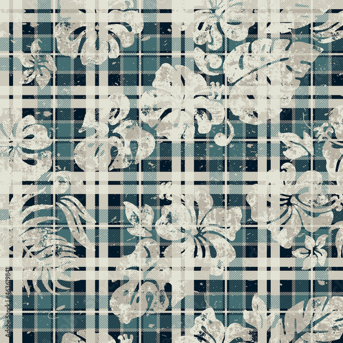 Hibiscus and leaves with scottish tartan plaid background abstract vector seamless pattern 