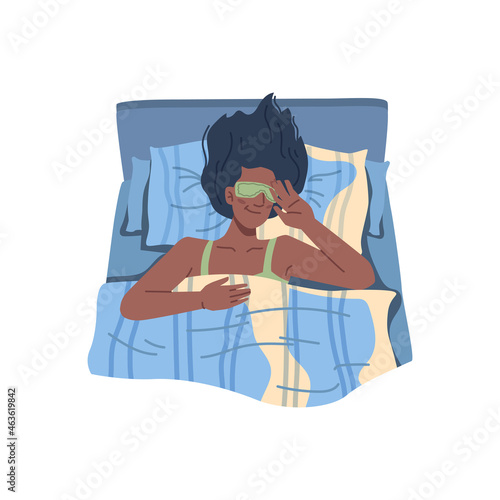 Female personage using eye mask to reduce light, sleeping problems solution. Insomnia and sleepless troubles, lady under warm blanket in comfortable bed. Cartoon character in flat style vector