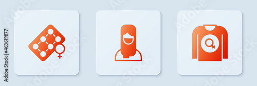 Set Muslim woman in hijab, Packaging of birth control pills and Feminist shirt. White square button. Vector