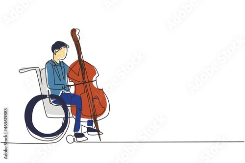 Continuous one line drawing young handsome man sitting in wheelchair plays cello in concert. Disability and classical music. Physically disabled. Person in hospital. Single line draw design vector