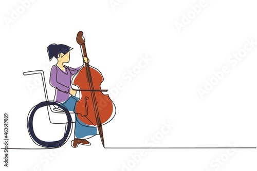 Single one line drawing woman sitting in wheelchair plays cello in opera concert. Disability and classical music. Physically disabled. Continuous line draw design graphic vector illustration