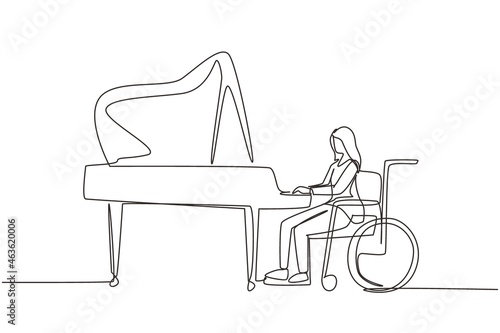 Continuous one line drawing disabled beautiful woman in wheelchair playing piano in concert. Disability and classical music. Physically disabled. Single line draw design vector graphic illustration