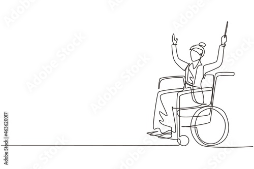 Single continuous line drawing beautiful woman conductor sitting in wheelchair leading orchestra. Disability, classical music. Physically disabled. One line draw graphic design vector illustration