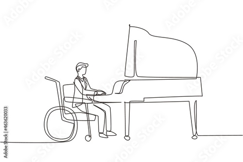 Single continuous line drawing disabled handsome man in wheelchair playing piano in concert. Disability and classical music. Physically disabled. One line draw graphic design vector illustration