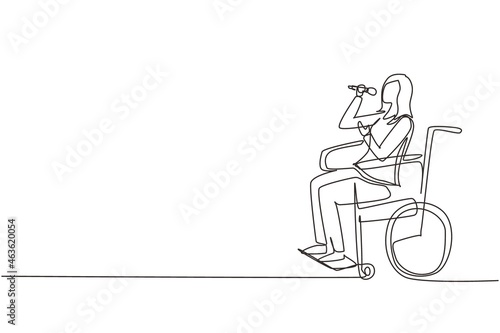 Continuous one line drawing disabled person enjoying life. Beauty woman sitting in wheelchair singing at karaoke bar. Spend time in recreational place. Single line draw design vector illustration