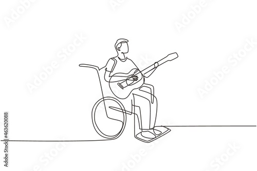 Single one line drawing musician man sit wheelchair with acoustic guitar play music, sing song. Physically disabled. Rehabilitation center patient. Continuous line draw design vector illustration