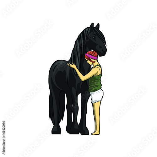 illustration of a woman stroking a black horse vector design