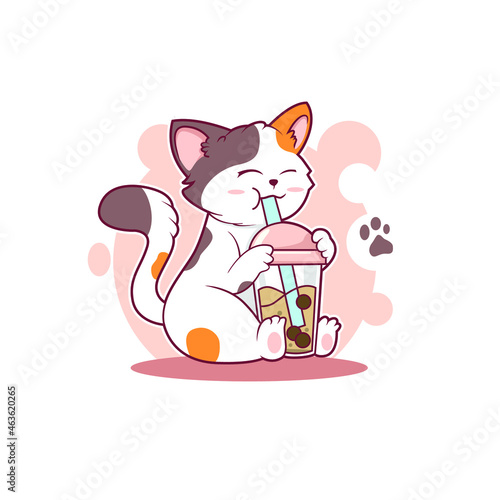 Illustration of cat drinking boba vector design