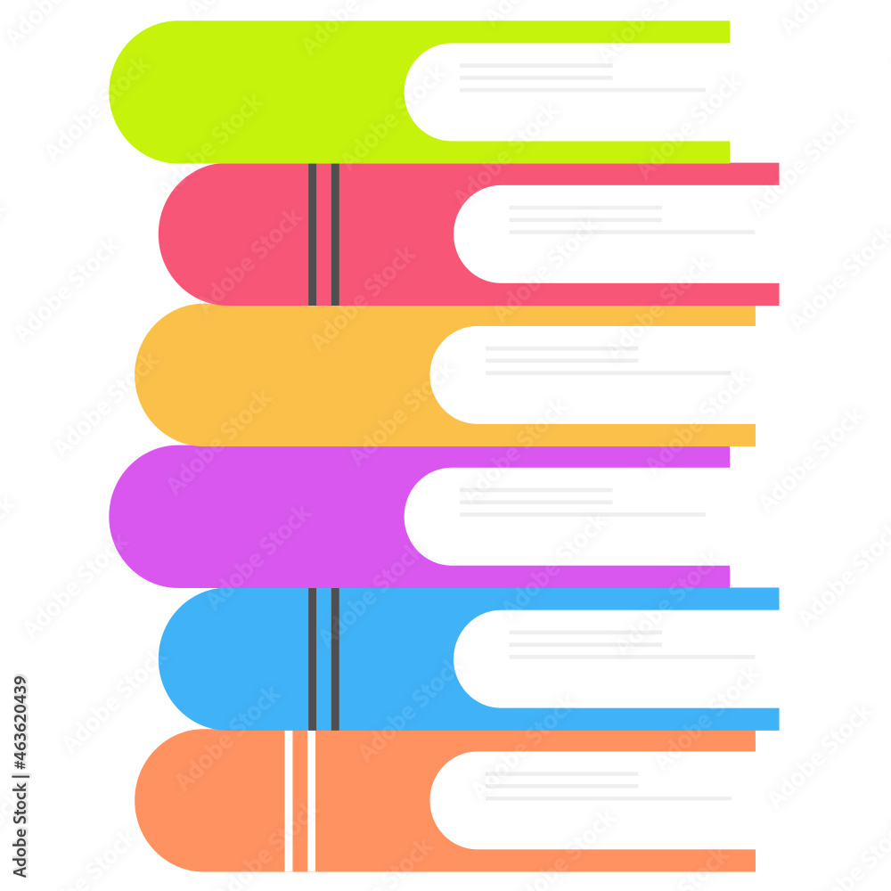 Image of several stacked books, colorful books, pink, red, yellow, purple, blue, green on a white background. Image of several stacked books, colorful books, pink, red, yellow, purple, blue, green on a white background.