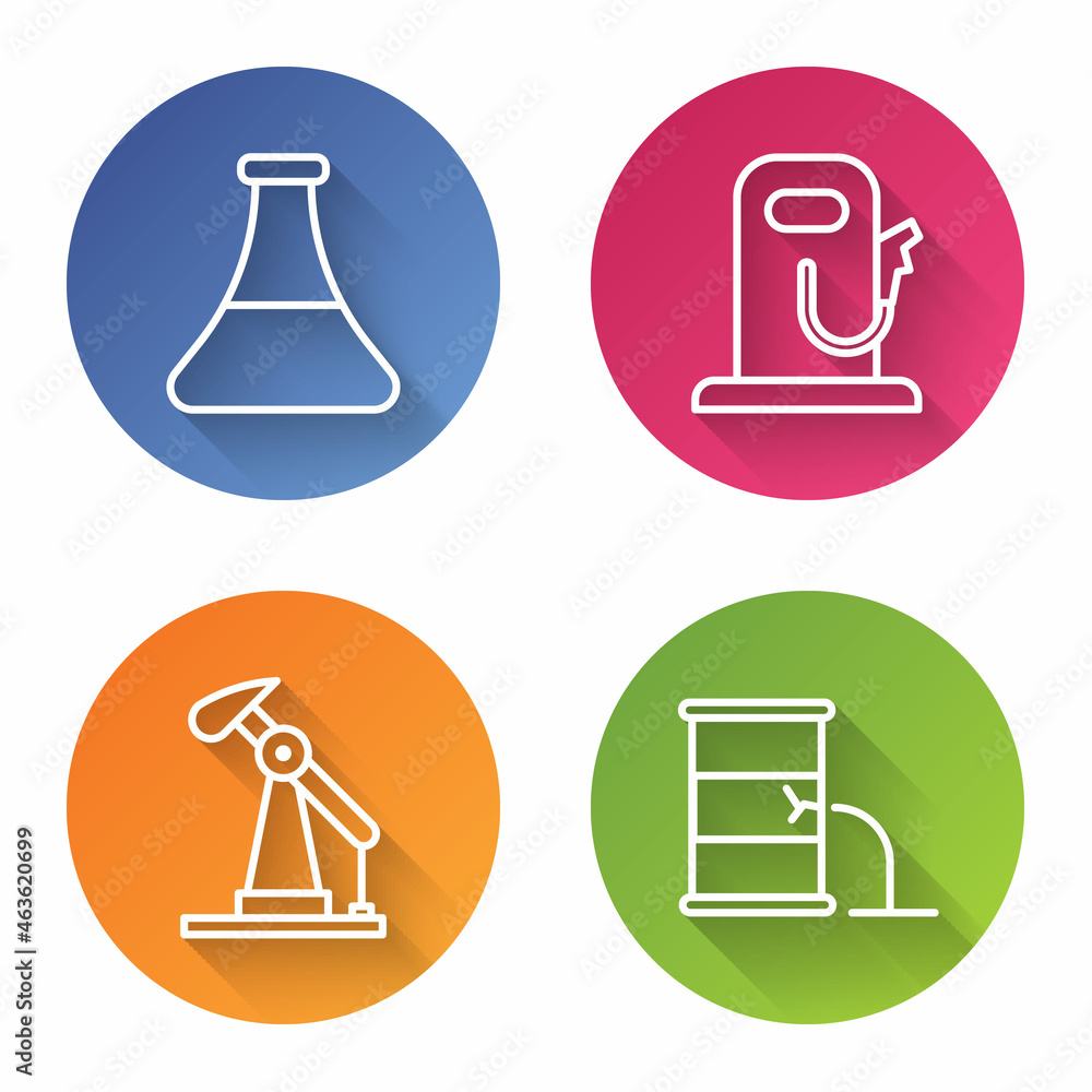 Set line Oil petrol test tube, Petrol or gas station, Oil pump or pump jack and Barrel oil leak. Color circle button. Vector Set line Oil petrol test tube, Petrol or gas station, Oil pump or pump jack and Barrel oil leak. Color circle button. Vector