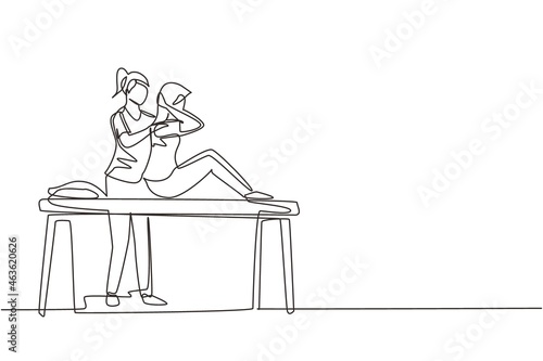 Single one line drawing woman sitting on massage table masseur doing healing treatment massaging injured patient manual physical therapy rehabilitation. Continuous line draw design vector illustration