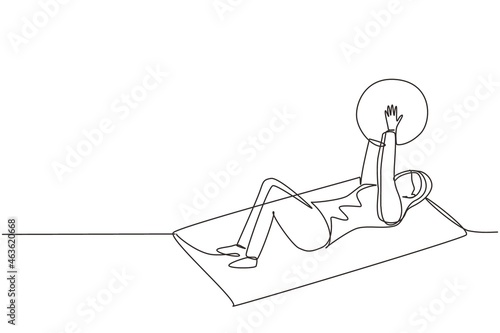 Single one line drawing physiotherapy rehabilitation isometric composition with female lying on mat, lifting on rubber ball. Healthcare concept. Continuous line draw design graphic vector illustration