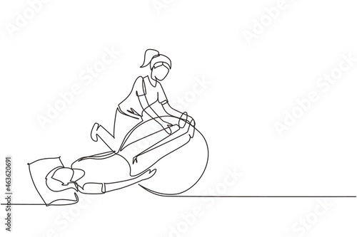 Continuous one line drawing physiotherapy rehabilitation isometric composition with female lying on mat, legs on rubber ball with medical assistant. Healthcare concept. Single line draw design vector