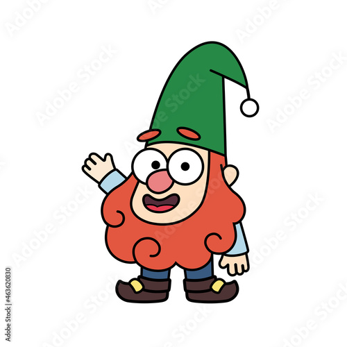 Cheerful little garden gnome, dwarf, oldman, gardener is waving hand in cartoon style. Colorful vector fairytale kids illustration, drawing character, mascot, sticker