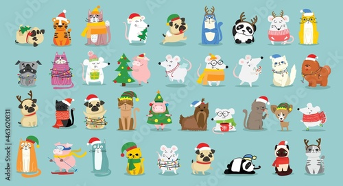 Christmas set of different animals and christmas symbol of the year tiger, rat, cat, dog with gifts and other