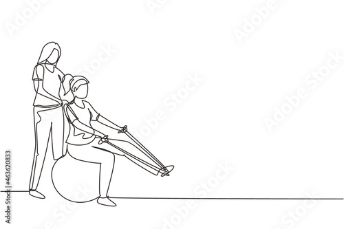 Single one line drawing physiotherapy rehabilitation isometric composition with medical specialist helping young woman patient to massage leg with rope. Continuous line draw design vector illustration