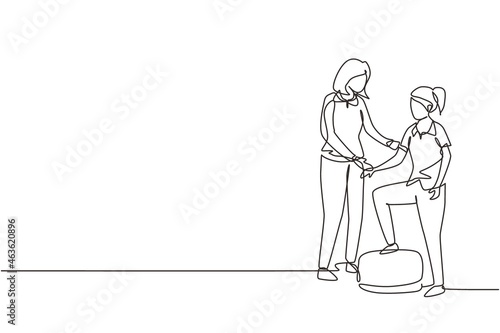Single one line drawing woman therapist helping young female patient stepping up the stairs, medical rehabilitation, physical therapy activity. Continuous line draw design graphic vector illustration