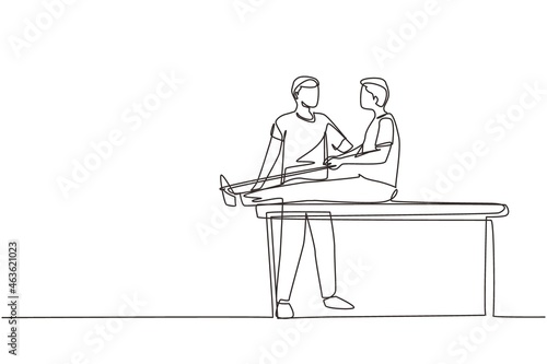 Continuous one line drawing people massage, professional relax therapy, medical health care, male masseur. Man sitting on couch, medicine wellness therapist specialist. Single line draw design vector