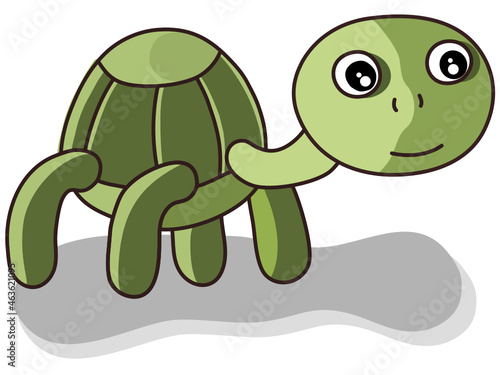 An image of a cute green turtle crawling on gray sand, on a white background.