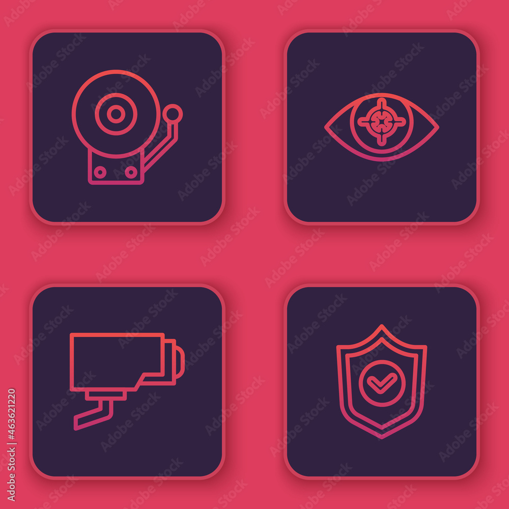 Set line Ringing alarm bell, Security camera, Eye scan and Shield with check mark. Blue square button. Vector Set line Ringing alarm bell, Security camera, Eye scan and Shield with check mark. Blue square button. Vector