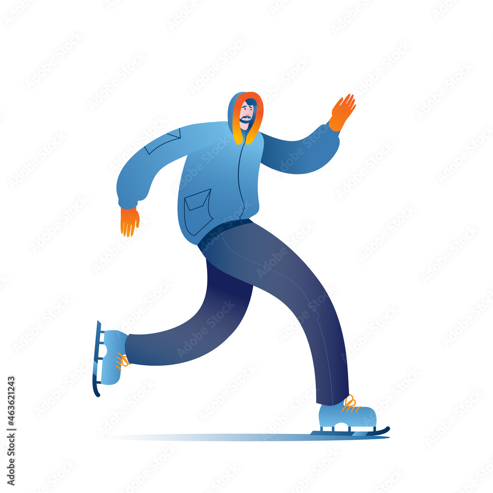 A character in warm clothes is skating. Vector character in bright colors. Winter illustration.
