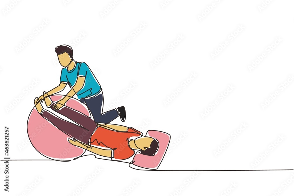 Single continuous line drawing physiotherapy rehabilitation isometric composition with male lying on mat, legs on rubber ball with medical assistant. Healthcare concept. One line draw design vector