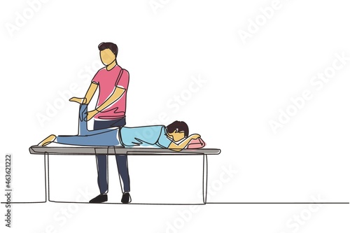 Single continuous line drawing physiotherapy rehabilitation assistance. Man patient lying on massage table therapist doing healing treatment massaging injured foot. One line draw graphic design vector