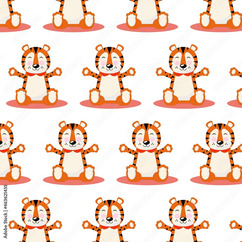 Fototapeta premium Vector seamless pattern with cute orange cartoon striped tigers smiling 