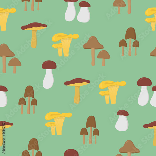 Different mushroom seamless pattern on blue background. Creative autumn texture for fabric, wrapping, textile, wallpaper, apparel.